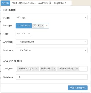Analysis Reports (by Lot Composite, Individual Vessel or Vineyard Block)-set filters