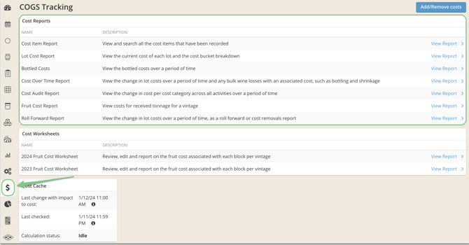 Cost Reports & Reconciliation-cogs menu