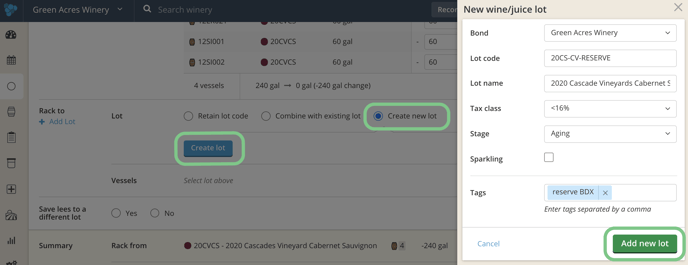 Creating a New Lot within an Action or Task-add new lot button