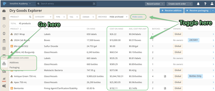 Dry Goods and COGS Reporting-menu toggle