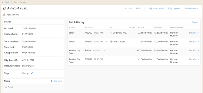 Dry Goods and COGS Reporting-on hand batch