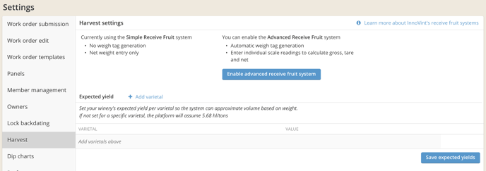 Harvest Settings (Receive Fruit options and Expected Yield)-settings