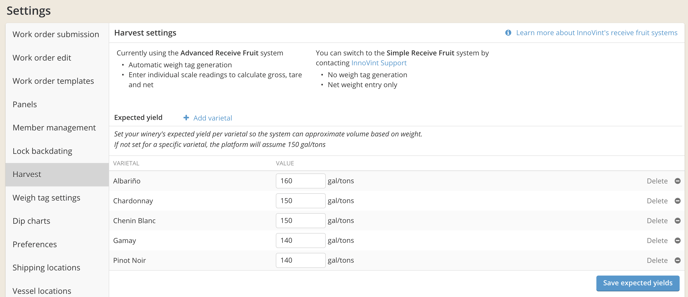 Harvest Settings (Receive Fruit options and Expected Yield)-settings2