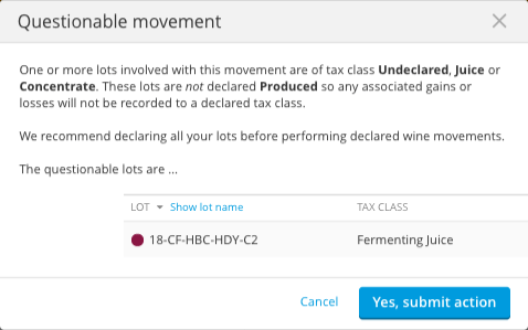 How InnoVint populates the TTB report-questionable movement