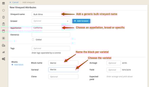 How do I add wine or concentrate that was transferred to my facility-veinyard attributes