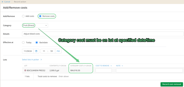 How to Add and Remove Fruit Costs-category costs specific date