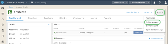 How to Archive a Vineyard or Vineyard Block-dropdown menu