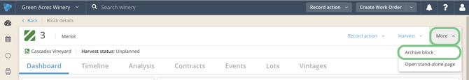 How to Archive a Vineyard or Vineyard Block-more dropdown