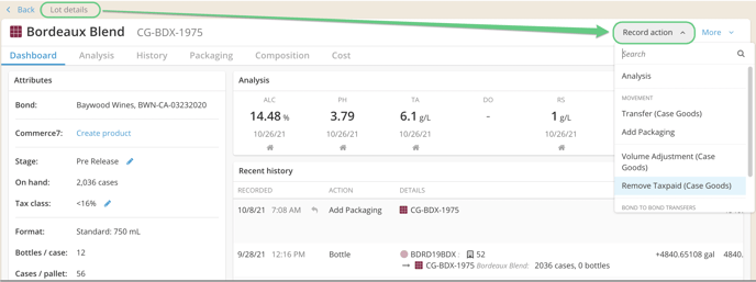 How to Remove Case Goods as Taxpaid-record action