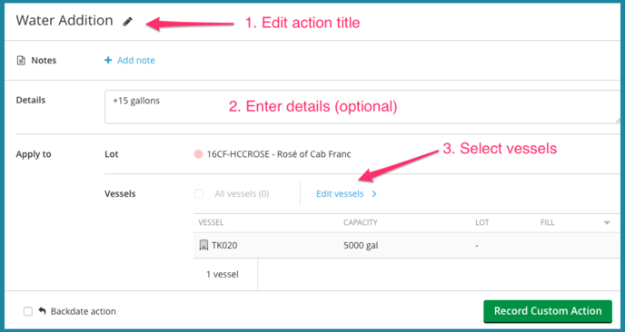 How to record a water addition-custom action