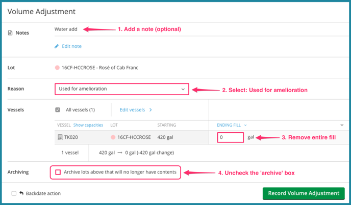 How to record a water addition-declare action