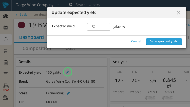 How to record a water addition-expected yield