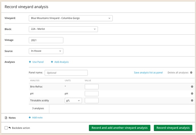 How to record and track vineyard events_record analysis page
