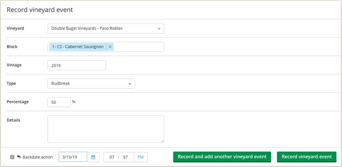 How to record and track vineyard events_record event