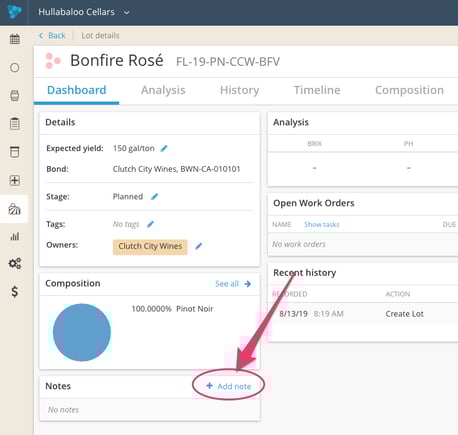 How to track vineyard data in Fruit Lots-add note