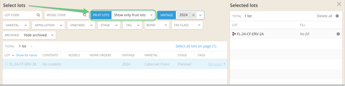 How to track vineyard data in Fruit Lots-filter