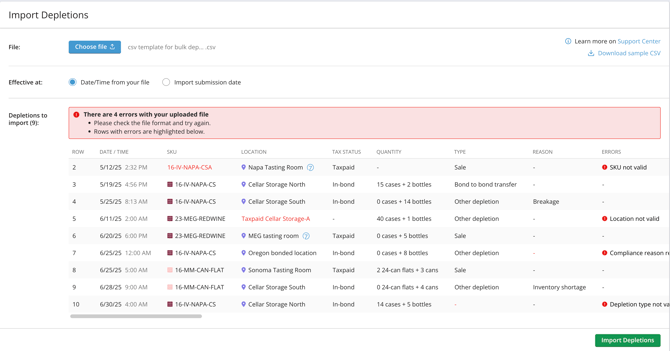Import Depletions - errors