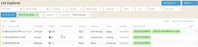 Intended Use - Lot Explorer filter