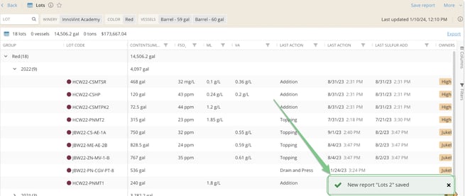 Custom Reports_saved report green banner
