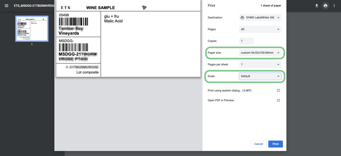 Troubleshooting printer settings_ribbon labels correct size