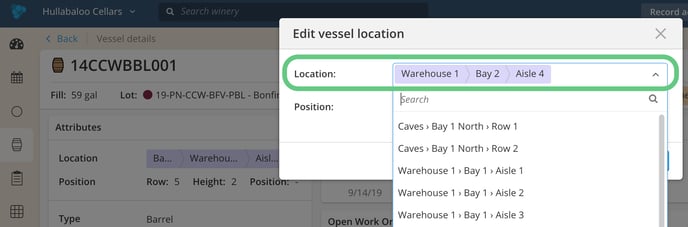 Managing and Using Vessel Locations-location drop down