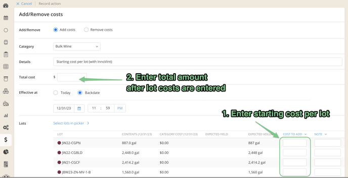 Onboard Starting Costs & Cost Settings-add remove costs
