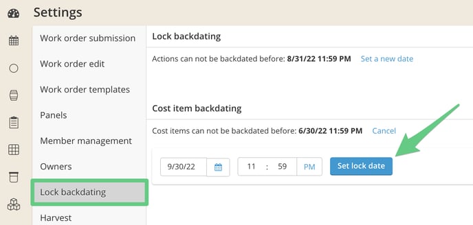Onboard Starting Costs & Cost Settings-set lock date