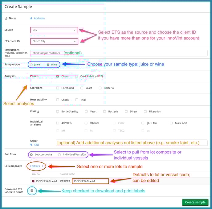 Options to Record Analysis Data-create sample