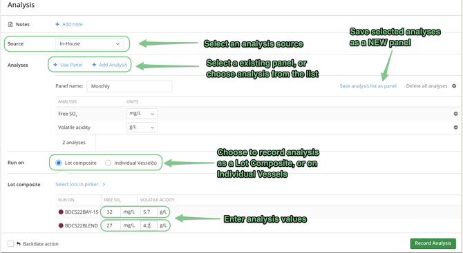 Options to Record Analysis Data-direct action