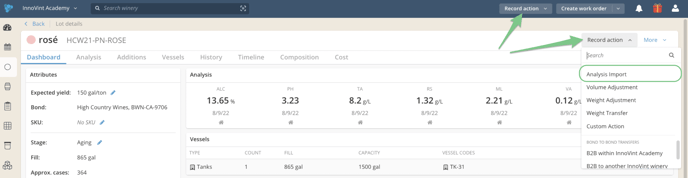 Options to Record Analysis Data-record action