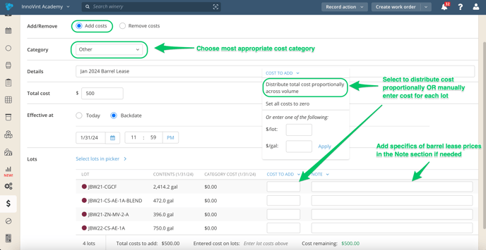 Tracking Oak Costs in InnoVint-specify