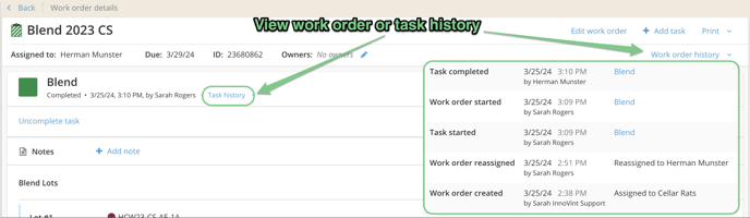 Using Work Orders in InnoVint-task history